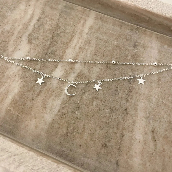 925 Sterling Silver Multi-Layer Bracelet Dainty Moon and Star Bracelet - Picture 3 of 5